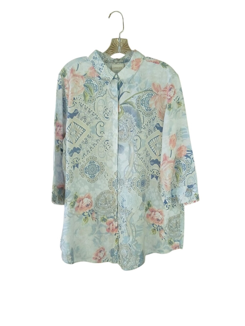 Chico's Blue & Pink Paisley No-Iron Linen Button Down Tunic Size 16